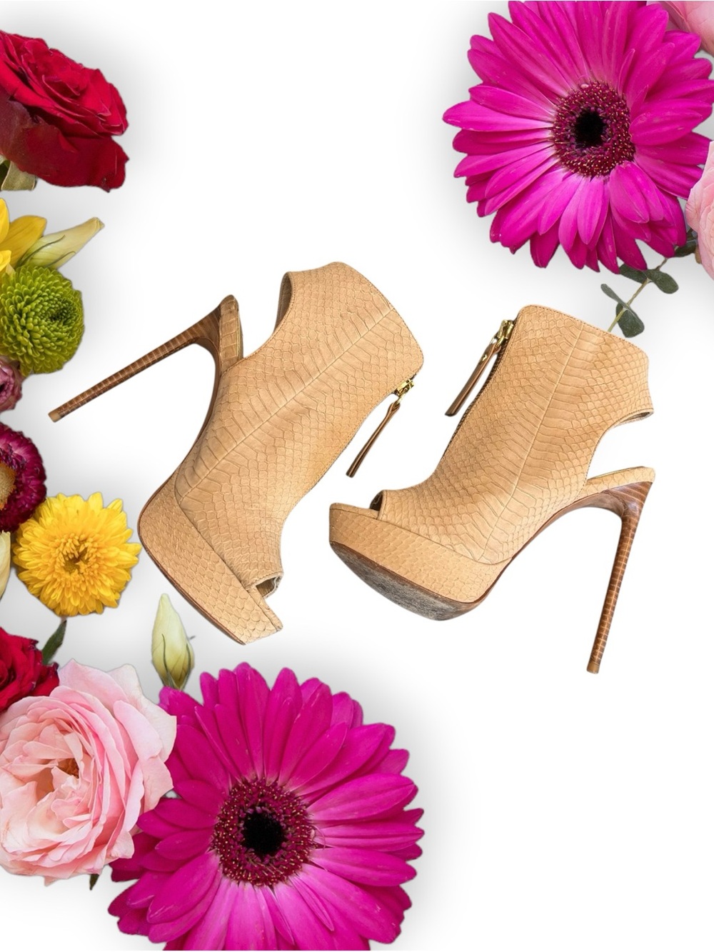 Rachel Zoe Collection Giovanna Heels Tan Textured Platform Peep-Toe Booties